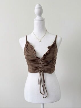 Sweaty Rocks Brown Ruched Tie Front Cropped Tank Top Ruffle